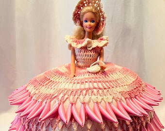 Pink Vintage 1980s Southern Belle Antebellum Barbie Doll Crocheted Ball  Gown Hoop Skirt Style Wicker Base Feb 91 Calendar Pattern
