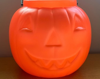 Vintage Orange Halloween Blow Mold  Pumpkin Bucket Trick or Treat Fall Decor Candy Container