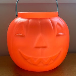Vintage Orange Halloween Blow Mold  Pumpkin Bucket Trick or Treat Fall Decor Candy Container