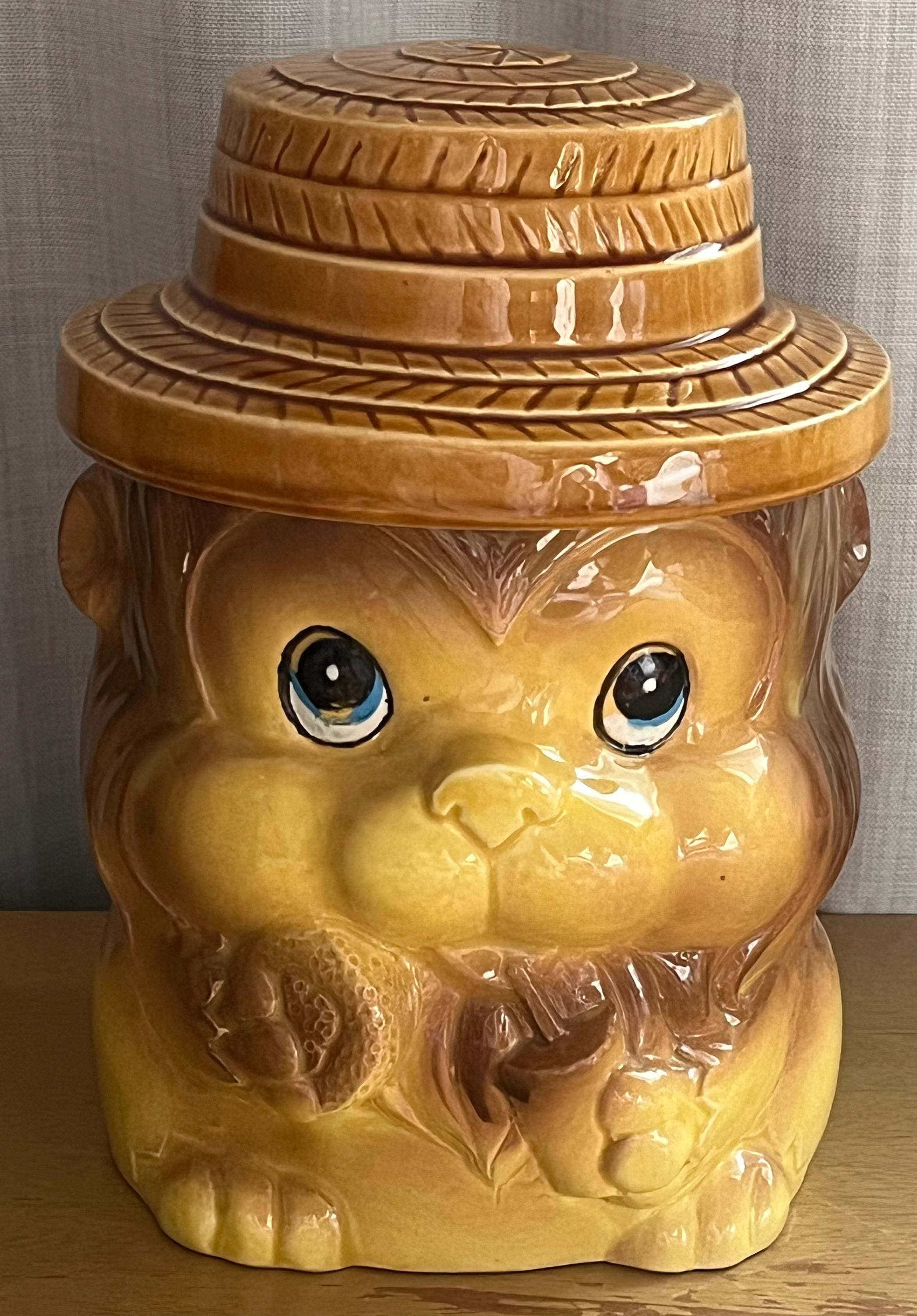 Vintage Ceramic Cookie Jar Kitchy Lion With Straw Hat Made in