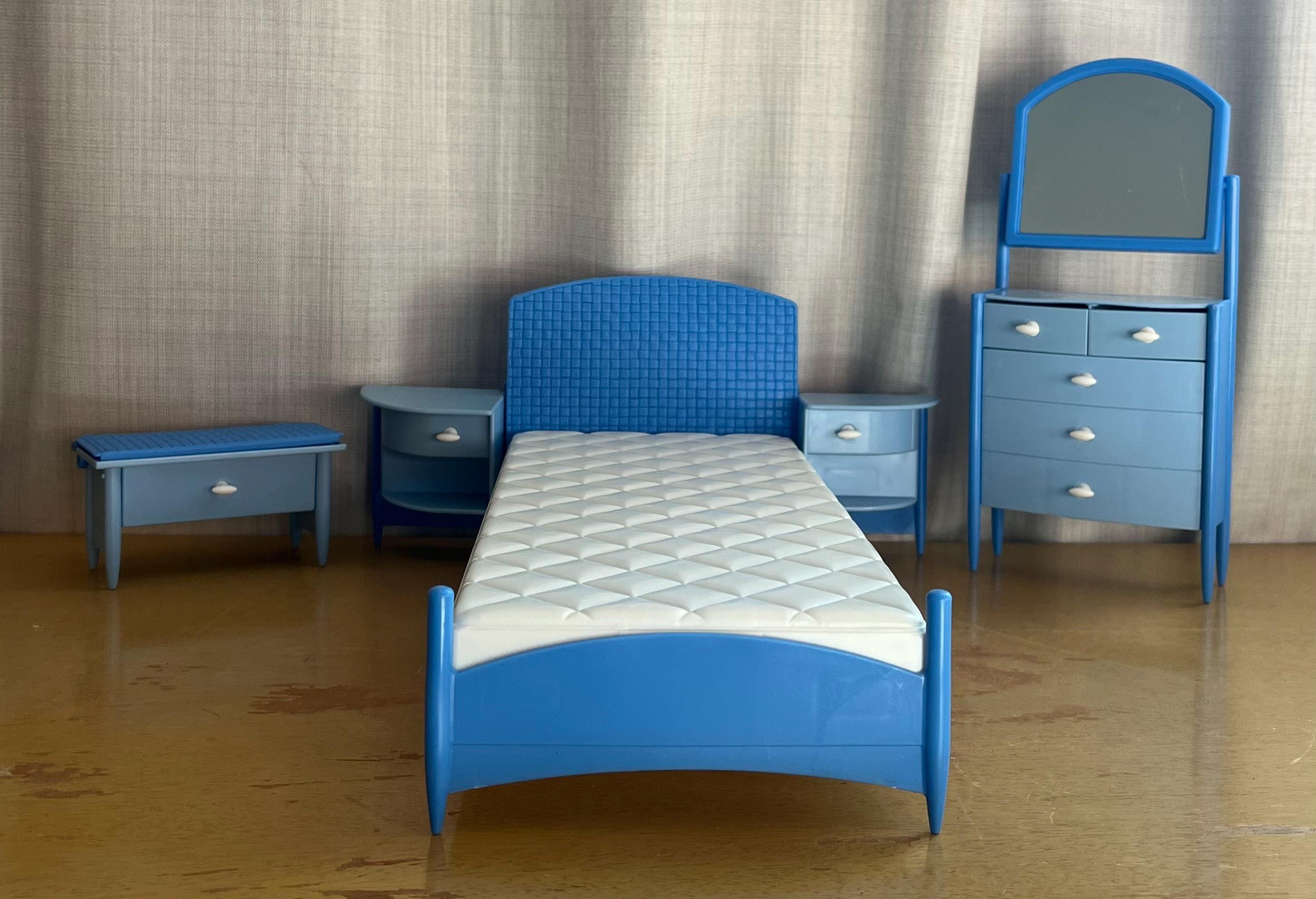 Vintage 1998 Barbie Bedroom Furniture Set Blue & White Doll Bed Dresser with Mirror and Nightstand Fashion Doll Girl Toys So Real So Now