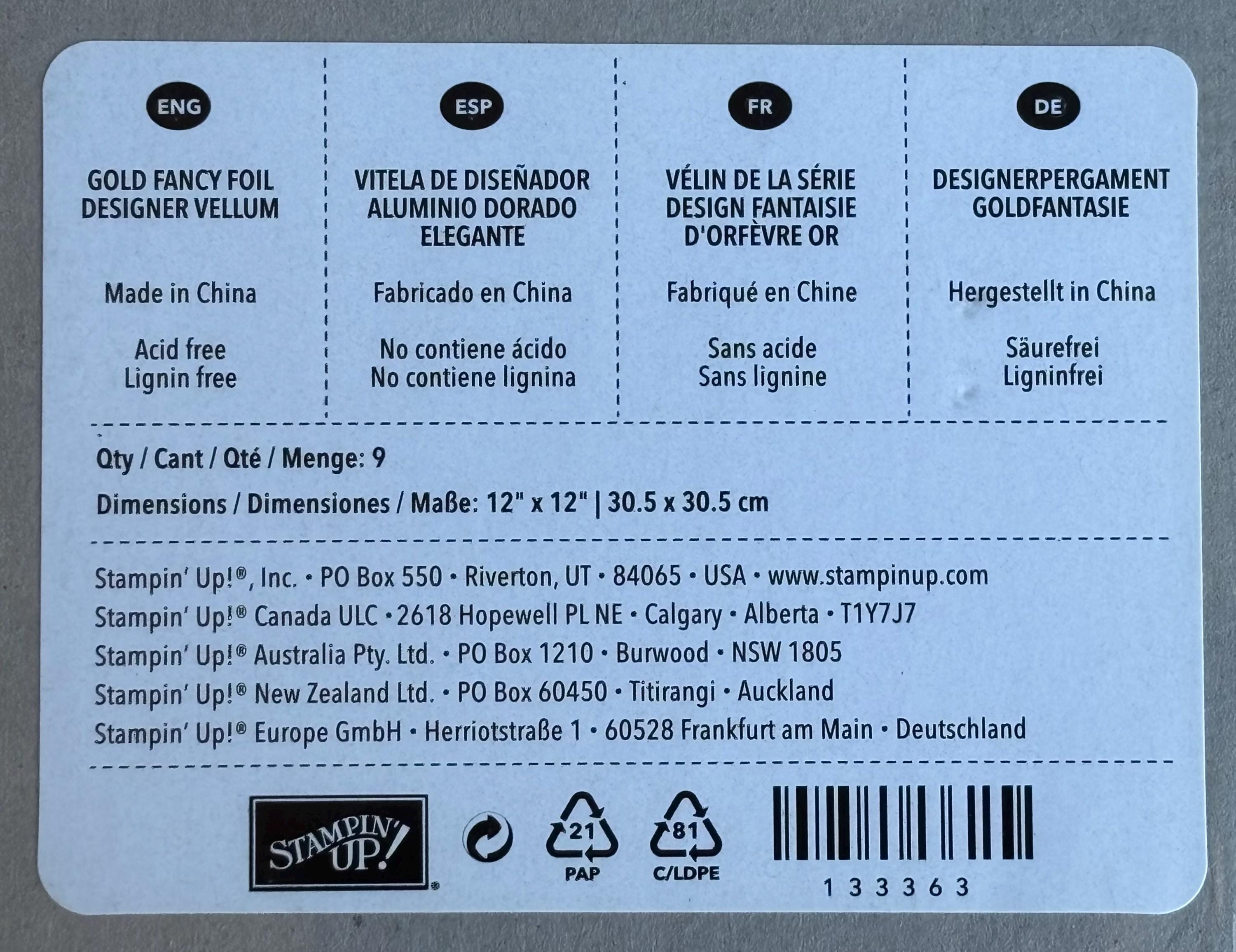 スタンピンアップ フォイルスクラップブックペーパー 12インチ x 12
