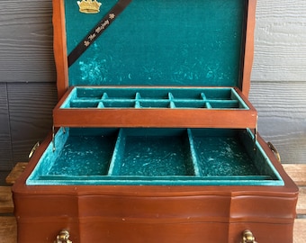 Vintage Jasco Chest Jewelry Box “Her Majesty” Teal Green Velvet Interior