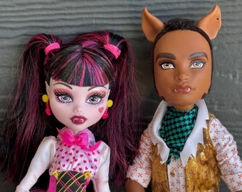 Op de afbeelding: Twee poppen, een met roze en zwart haar die een roze en witte jurk met hartjes draagt, en de andere met bruin haar en bruine oren die een wit shirt met een gouden vest en een groene sjaal met patroon draagt.