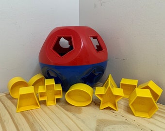 Vintage Tupperware Shape O Ball Complete Classic Tupper Toys Red and Blue Shape Sorter Sphere with Yellow Shape Blocks Educational Toys