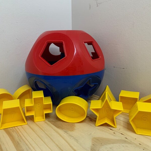 Vintage Tupperware Shape O Ball Complete Classic Tupper Toys Red and Blue Shape Sorter Sphere with Yellow Shape Blocks Educational Toys
