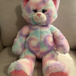 Vintage Build-A-Bear Workshop 16” Cotton Candy Kitty Cat Pastel Pink Purple & Blue Tie Dye Plush Toy