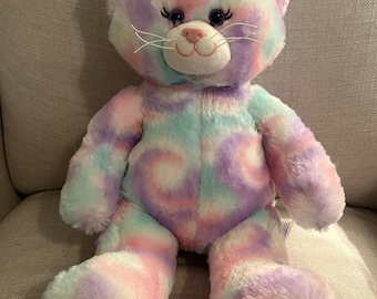 Vintage Build-A-Bear Workshop 16” Cotton Candy Kitty Cat Pastel Pink Purple & Blue Tie Dye Plush Toy