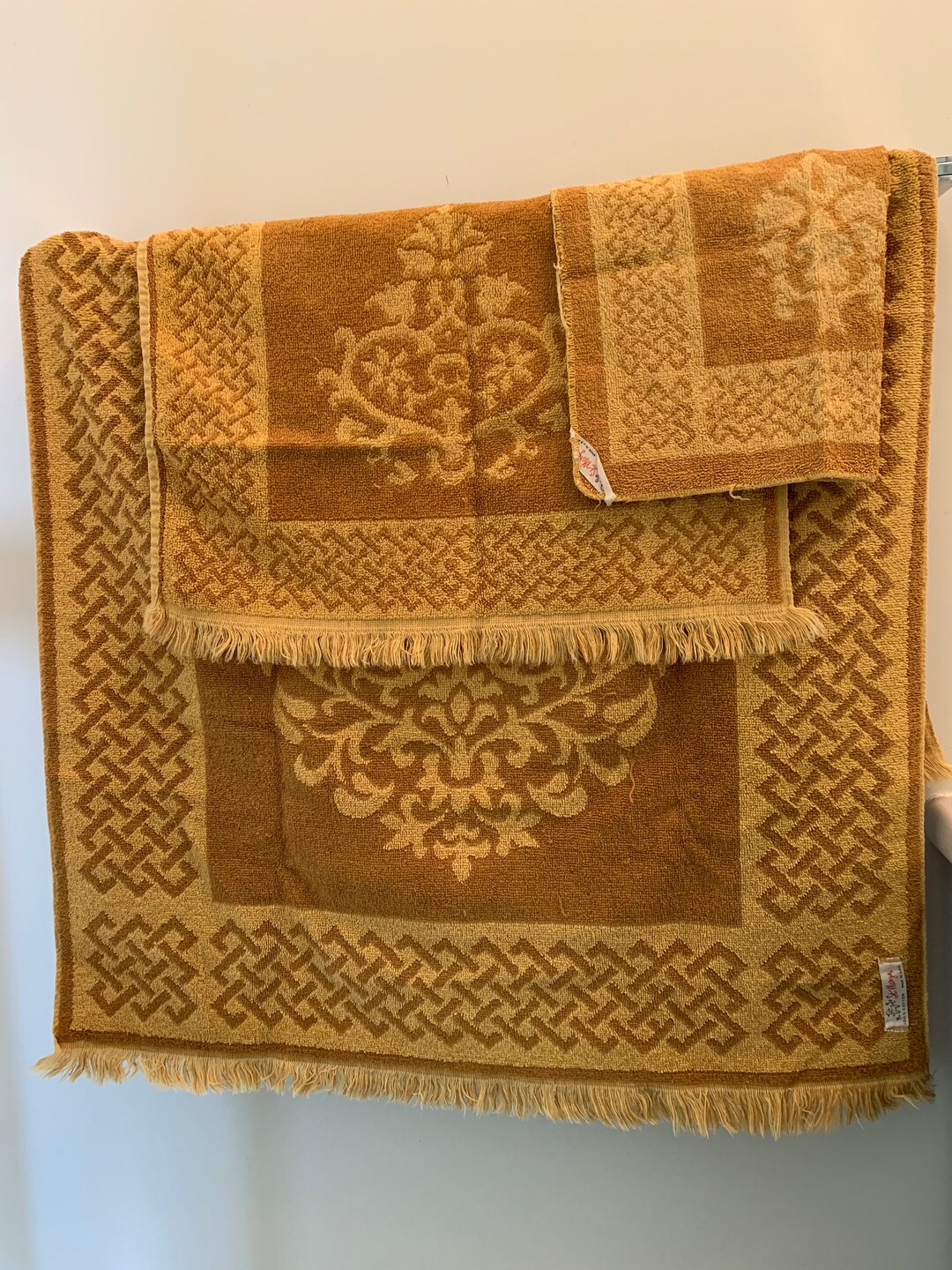 Matching Fringed Vintage Gold Bath Set Towel, Hand Towel, Face Towel, Made in the USA by St