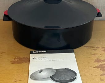 Large Vintage 1990s Black / Red Round Tupperware Steamer with Lid 3066A, 3067A, 3065A.