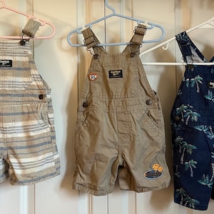 Osh Kosh Children’s Shortall Summer Overalls 18 months Tan & Blue Choose Between 3 - Stripes, Racer or Palm Trees