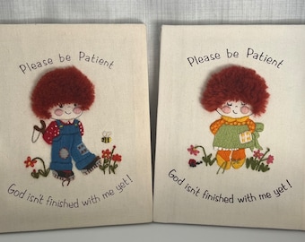 Vintage 1979 Crewel Pictures, Red-Haired Kids Decor, Set of 2