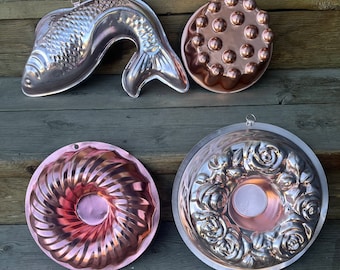 Vintage Copper Molds Farmhouse Decor Pudding/ Jello wall hanging MCM Cake Pans Theater Props Fish Floral Rose Bunt Pan