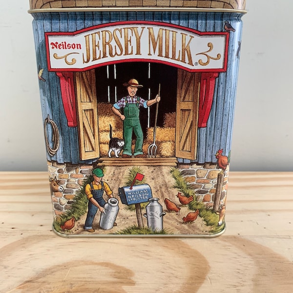 Vintage Neilson Jersey Milk Collectors Chocolate Tin Farm Motif Milk Truck Cows Barn  Vintage Tin Box Tin Cans