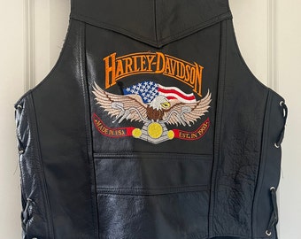 Vintage Large Leather Motorcycle Vest With Harley Davidson Pins and Harley Owners Group Patches Etsy