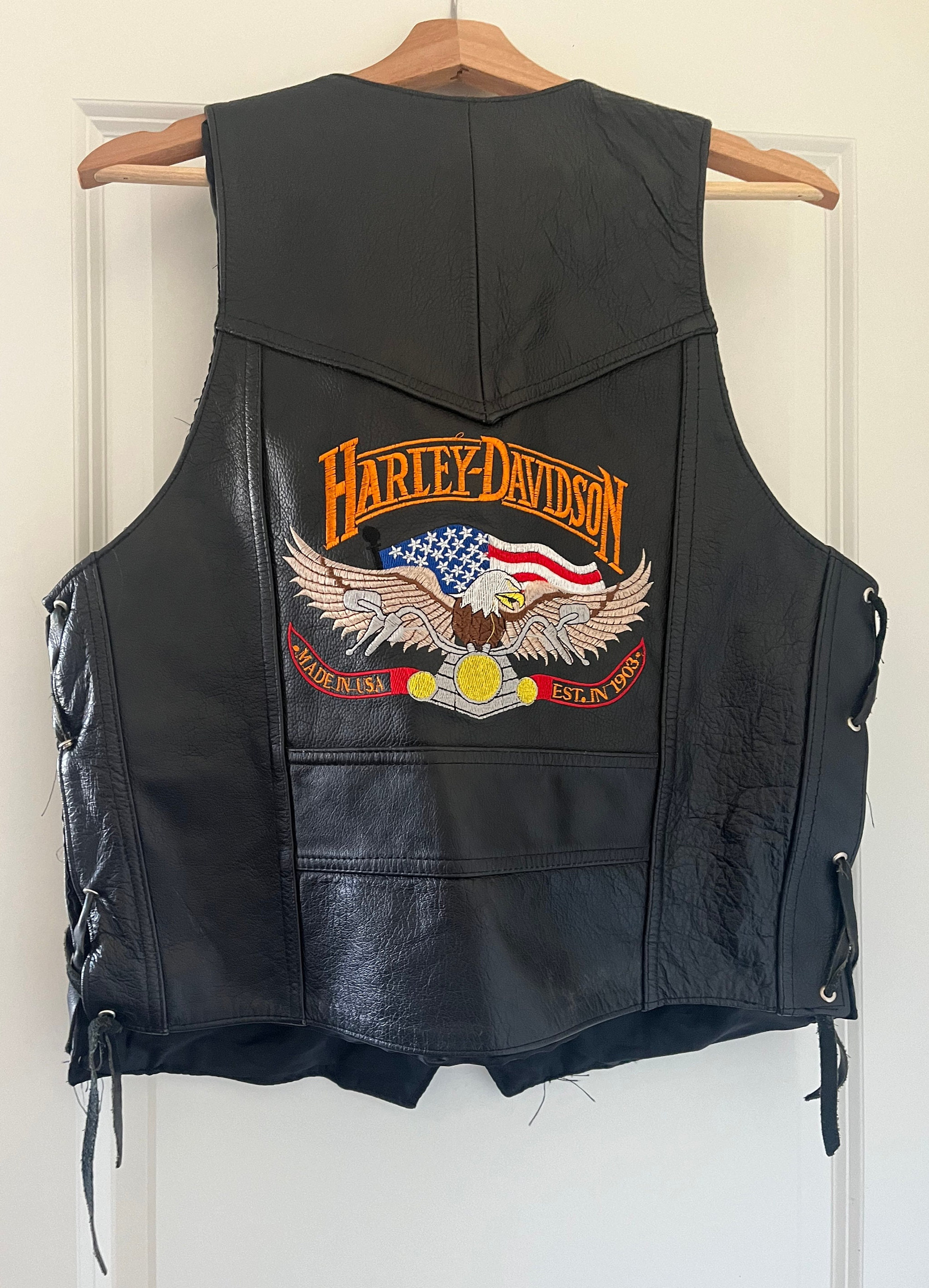 Harley Davidson Genuine Leather Vest With HOG Pins Dads Day Gift