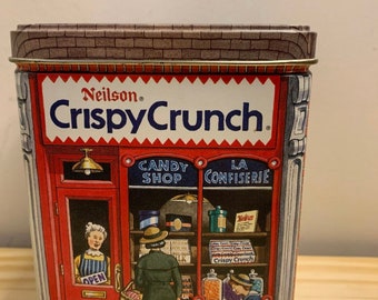 Vintage verzamelobject Neilson Crispy Crunch chocolade verzamelblik met deksel reclameblik rood baksteenmotief