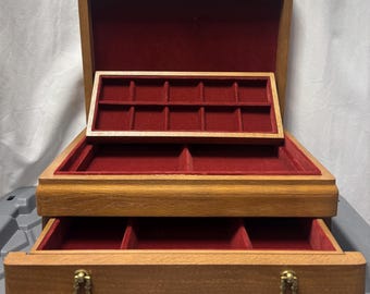 Large Wood Jewelry Box W/ Red Velvet Interior 1 Drawer 1 Slide