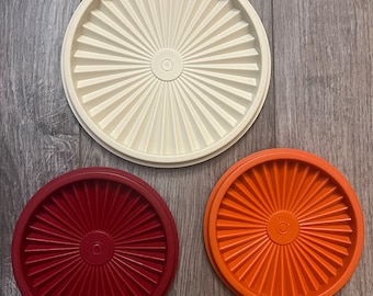 Vintage Tupperware Round Servier Lids Almond Red Orange Starburst Replacement Lids