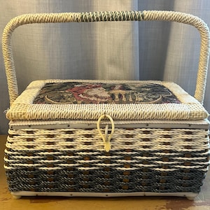 Vintage green and grey cream Wicker Basket with a Victorian Style Tapestry Lid & Cream Satin Interior Made in Korea