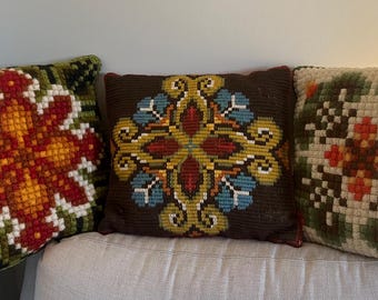 Vintage Scandinavian Nordic Double Cross Stitched Woollen Embroidery Folk Art Throw Pillows Choose from 3 designs