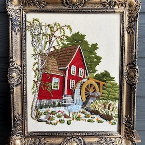 Mid Century Framed Red Mill with Waterwheel Crewel Wall Hanging Decor 1978 Sunset Designs