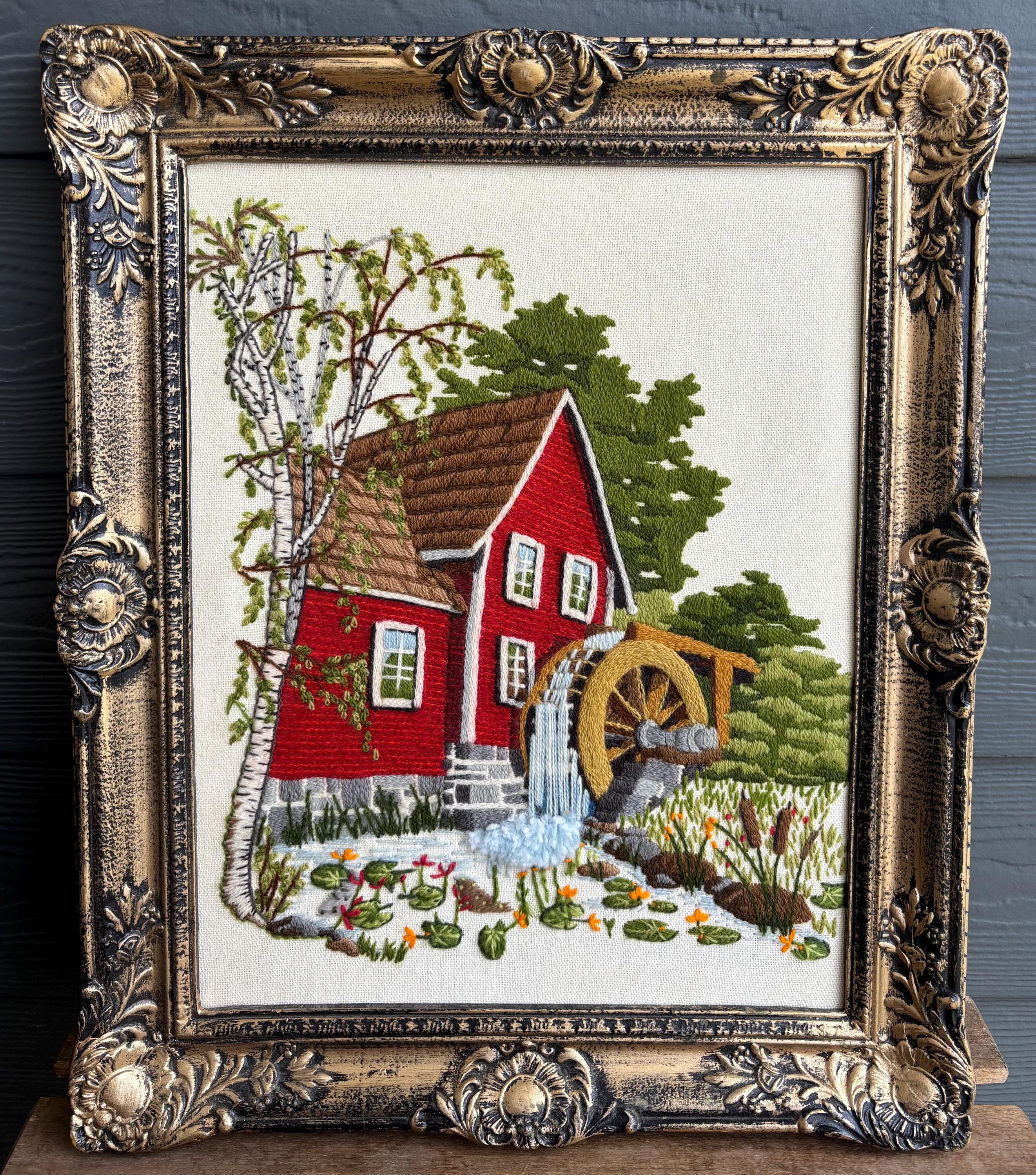 Mid Century Framed Red Mill with Waterwheel Crewel Wall Hanging Decor 1978 Sunset Designs