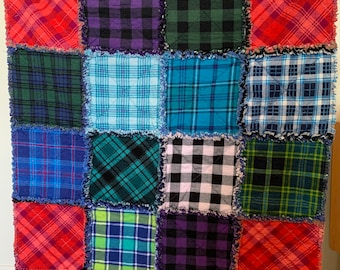 Handmade Patchwork 32 x32” Multi-Coloured  Plaid Rag Quilt Baby Blanket Lap Quilt Throw