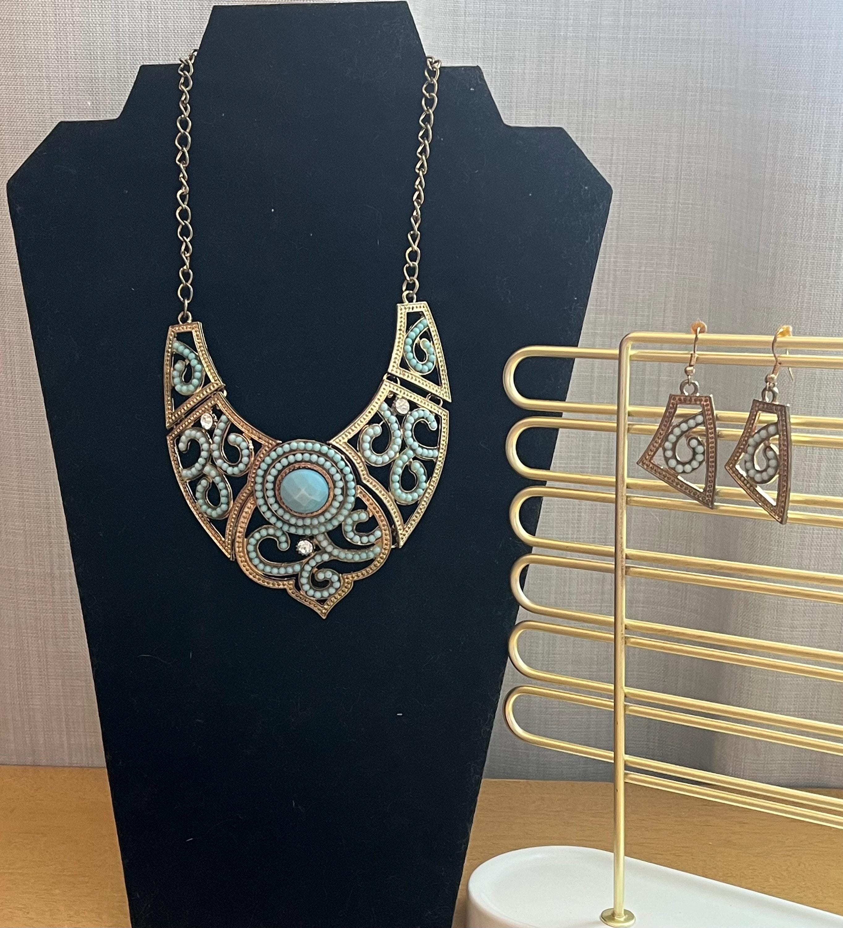 Pendentif Bouclier & Boucles D'oreilles Turquoise - Style Années 70