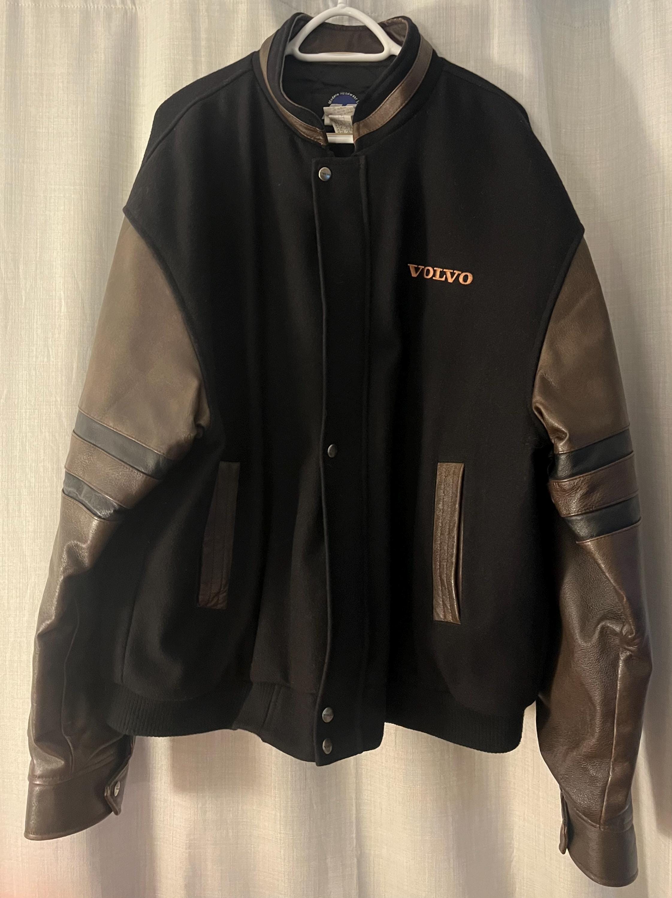 Vintage Volvo Jacket Black Wool With Brown Leather Sleeves by