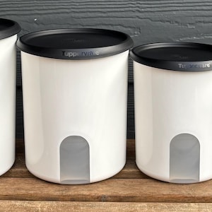 Ensemble de 4 boîtes métalliques Tupperware One Touch Blanc avec panneaux de visualisation et couvercles noirs Rangement pour plan de travail