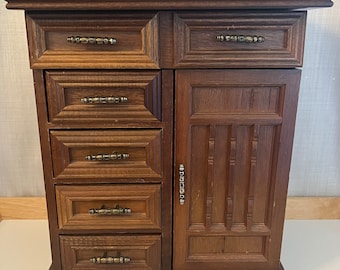 Vintage Tall Boy Jewelry Box with Mirror four drawers Mirrored Cupboard for Necklaces Yellow Velvet Hinged Top and Door