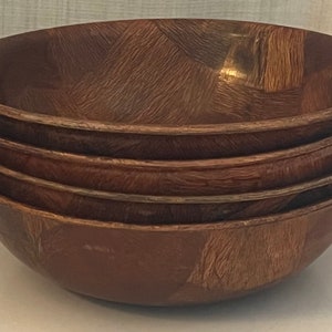 Vintage Set of 4 Parquet Style 1970s Wooden Woven Salad Bowls Gift for any occasion
