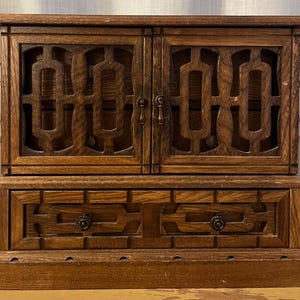 Vintage 1970s Wood Jewelry Box with Lattice Doors & 3 Drawers MCM Bedroom Decor