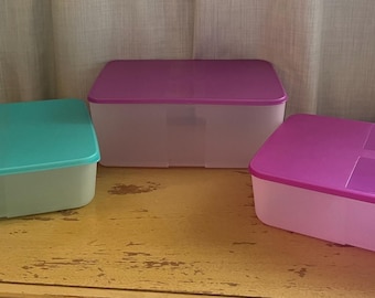 Contenedores Tupperware Freezer Mates: Tapa azul o morada, poco profundo, morado, profundo. Elija