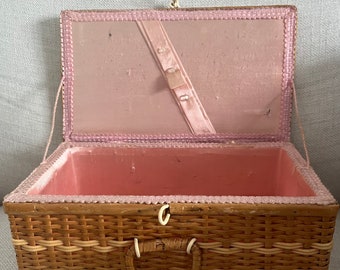 Vintage Natural Wicker Rattan Sewing Basket with Pink Satin Lining MCM Kitsch 1950s Decor