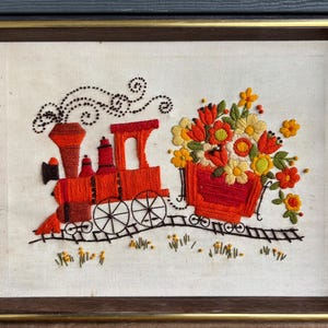 Framed Mid Century Flower Train Crewel Wall Hanging Decor