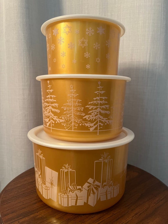 Vintage Christmas Tupperware Nesting / Stacking Containers Set of 3 Gold  Bowls With White Decorations & Lids Holiday Set 