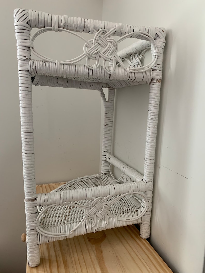 Vintage White Wicker Two Tier Knick Knack Corner Shelf White Etsy
