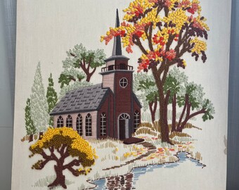 Vintage Crewel Picture of Church Building with Steeple Nature Scene - 18” Wide x 24” Tall Autumn Trees Blue Water Creek Farmhouse Decor