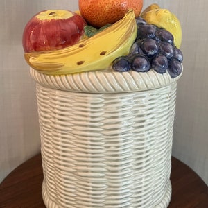 Vintage Fritz and Floyd 1988 Ceramic Calypso Canister Wicker Basket Base with Fruit Bowl Top Cookie Jar 76 oz. Apples Grapes Banana Pears