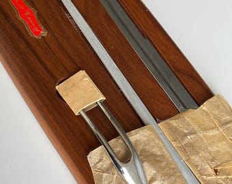 Mid Century Lo-Temp Stainless Steel Carving Knife, Fork and Sharpener New