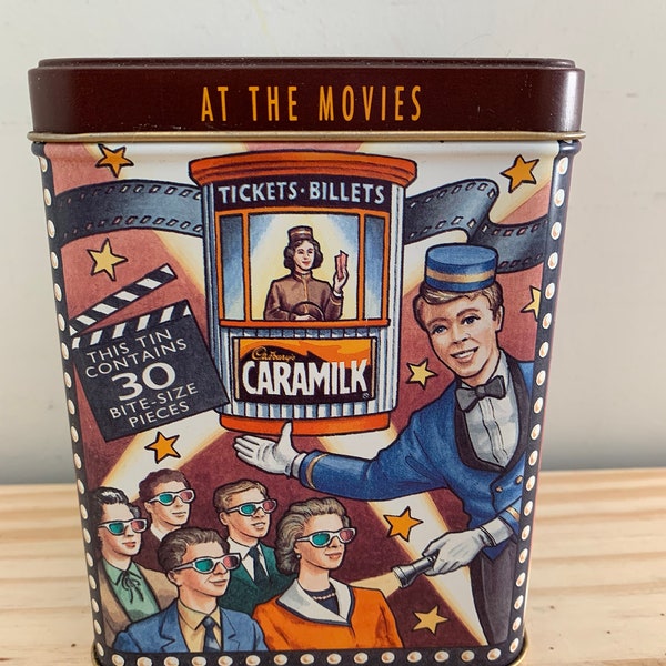 Collectable Hinged Lid Chocolate Tin Cadbury Caramilk “At the Movies” Intermission Favourite Bilingual Metal box French / English Vintage