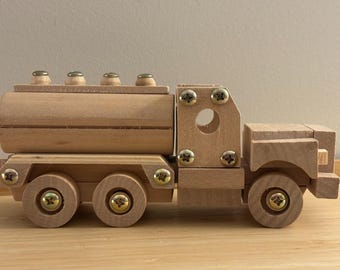 Small Wood Milk Tanker Truck Rustic Natural Wood Toy
