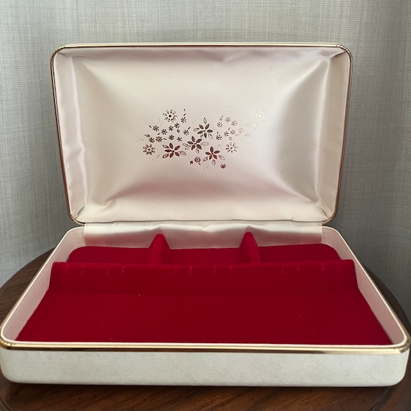 Vintage Travel White Vinyl Jewelry Box Brass Trimmed with Floral Design with Red Velvet & White Satin Interior Made in Canada