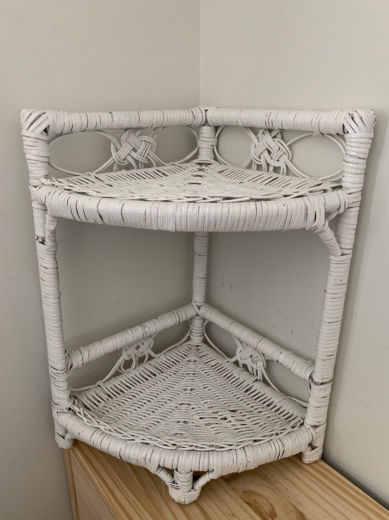 Vintage White Wicker Two Tier Knick Knack Corner Shelf White Etsy