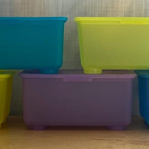 Peut inclure: Cinq contenants de rangement en plastique avec couvercles. Les contenants sont de différentes couleurs : sarcelle, jaune, violet et bleu. Les contenants sont tous de la même taille et de la même forme.