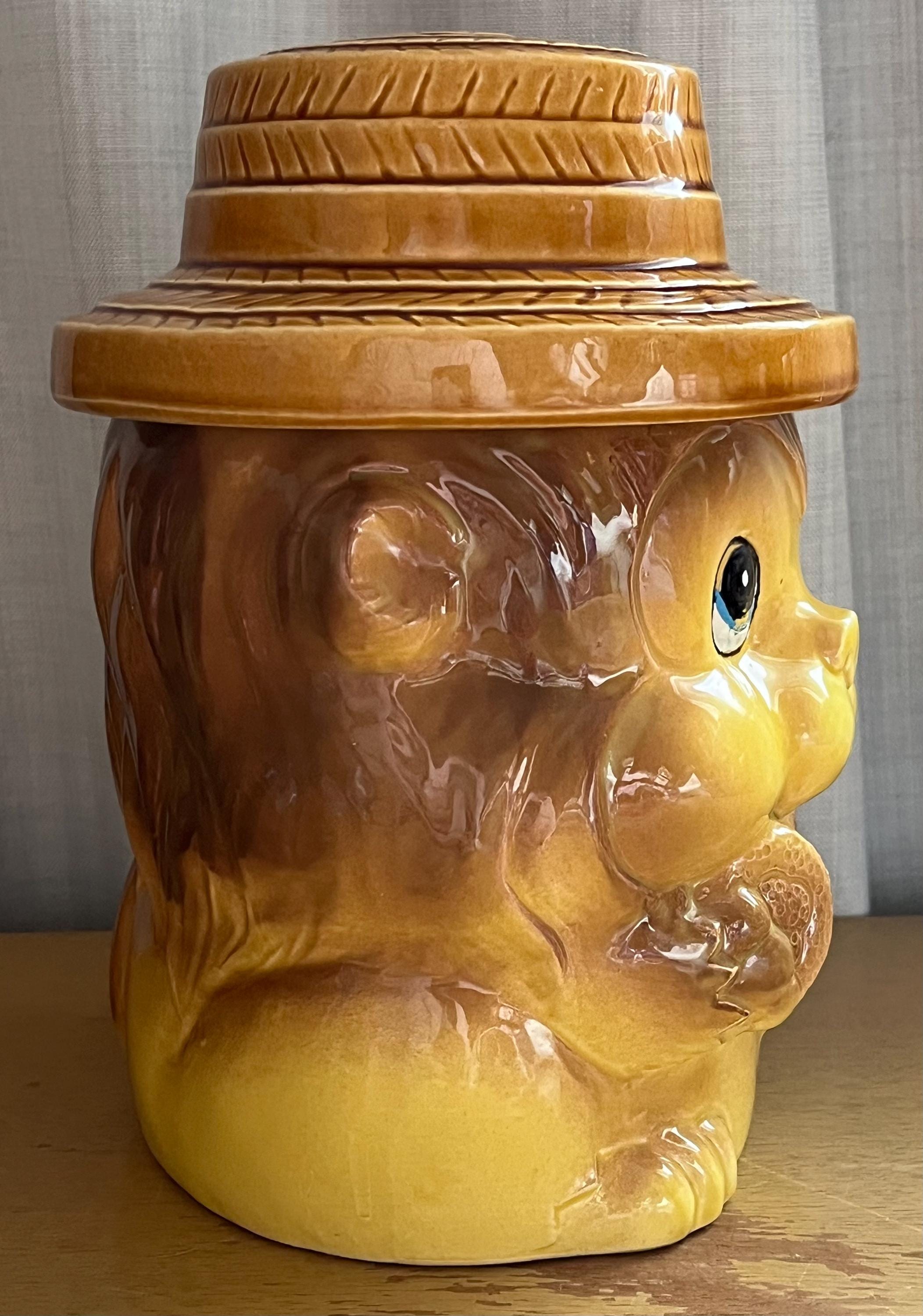 Vintage Ceramic Cookie Jar Kitchy Lion With Straw Hat Made in