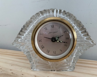 Vintage Jerger German Made Crystal Clock Alarm Clock Working Condition Roman Numerals Brass Trimmed Face