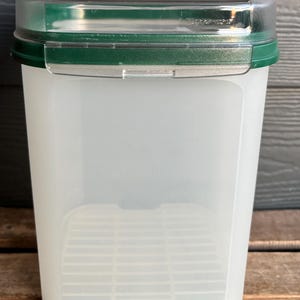 Può includere: Un contenitore trasparente e rettangolare per la conservazione degli alimenti con coperchio e bordo verdi. Il contenitore ha un interno bianco e un motivo a griglia sul fondo. Il coperchio ha una parte superiore trasparente e rettangolare con bordo verde e chiusura argentata.